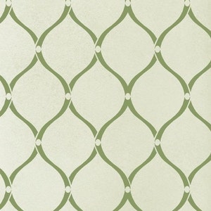May include: A seamless pattern of green curved lines forming a grid with white circles at the intersections. The background is a light beige color.