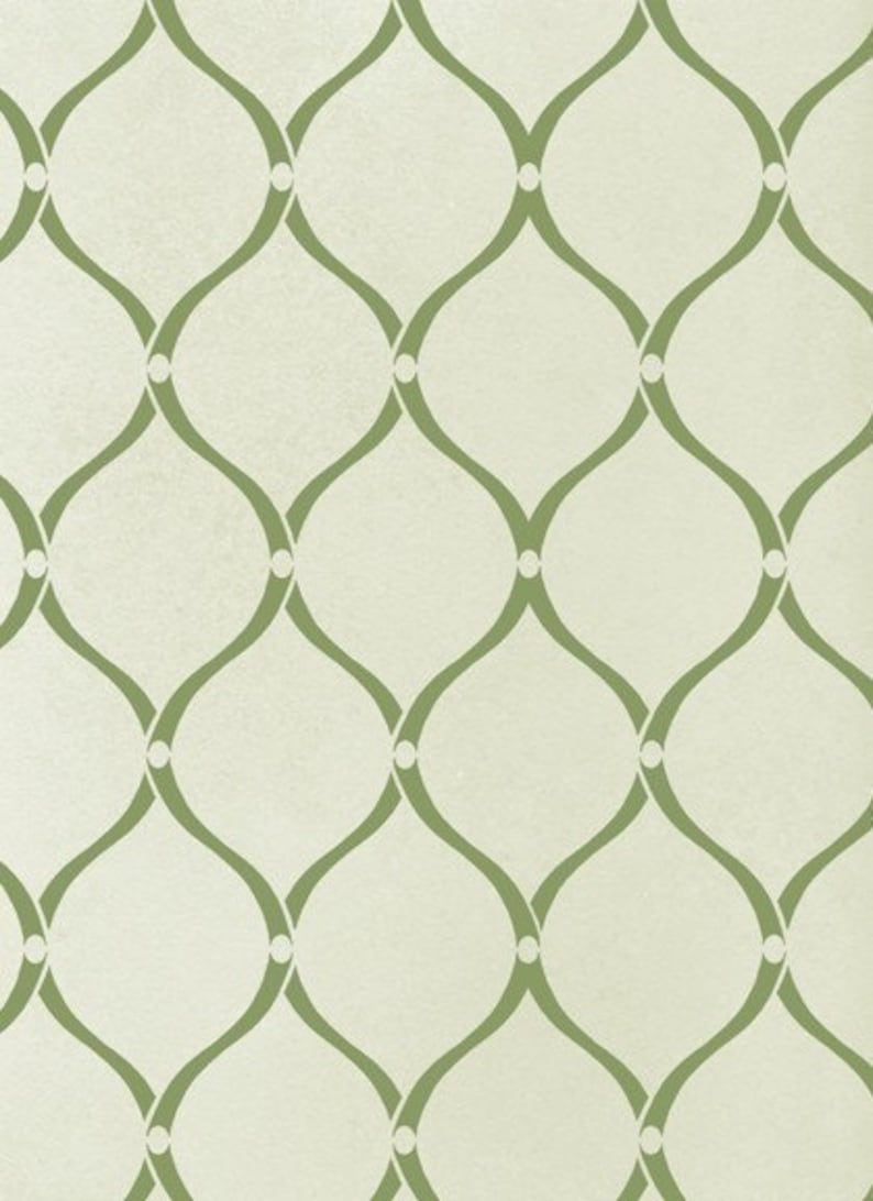 May include: A seamless pattern of green curved lines forming a grid with white circles at the intersections. The background is a light beige color.