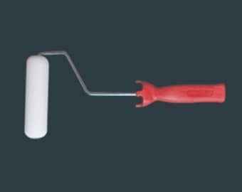 May include: A white paint roller with a red plastic handle. The roller is attached to a metal frame.