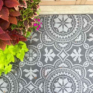 May include: A close-up of a gray concrete patio with a white stencil design. The design features a repeating pattern of circles, diamonds, and floral motifs. The patio is surrounded by green plants.