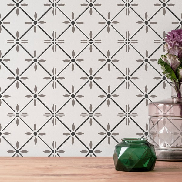 Wallflower Tile Stencil - Simple Geometric Floral Design For Stenciling Floors - DIY Home Improvement with Stencils