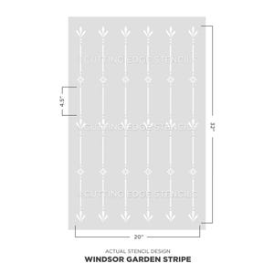 May include: A gray stencil with a white Windsor Garden Stripe design. The stencil is 20 inches wide and 32 inches tall, with a 4.5-inch section highlighted. The text "CUTTING EDGE STENCILS" is visible. The text "ACTUAL STENCIL DESIGN WINDSOR GARDEN STRIPE" is also visible.