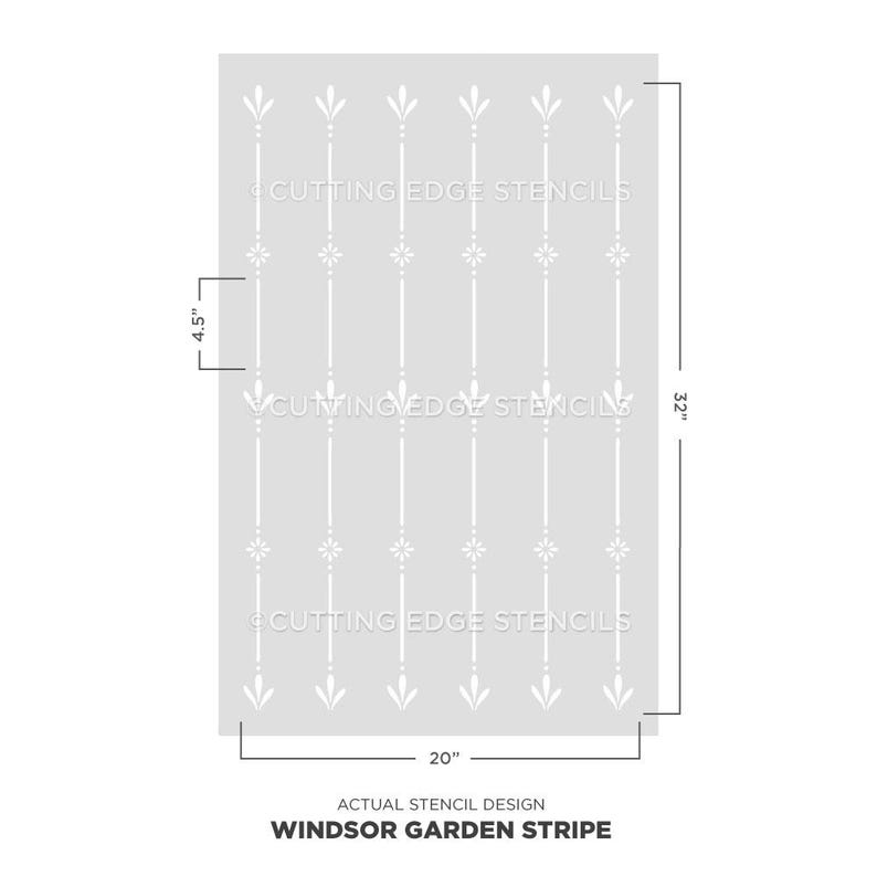 May include: A gray stencil with a white Windsor Garden Stripe design. The stencil is 20 inches wide and 32 inches tall, with a 4.5-inch section highlighted. The text "CUTTING EDGE STENCILS" is visible. The text "ACTUAL STENCIL DESIGN WINDSOR GARDEN STRIPE" is also visible.