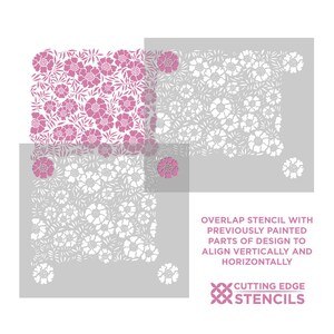 May include: Two stencil sheets with a floral pattern. The stencils are designed to be layered on top of each other to create a larger design. The text on the stencil sheet reads "Overlap stencil with previously painted parts of design to align vertically and horizontally. Cutting Edge Stencils."