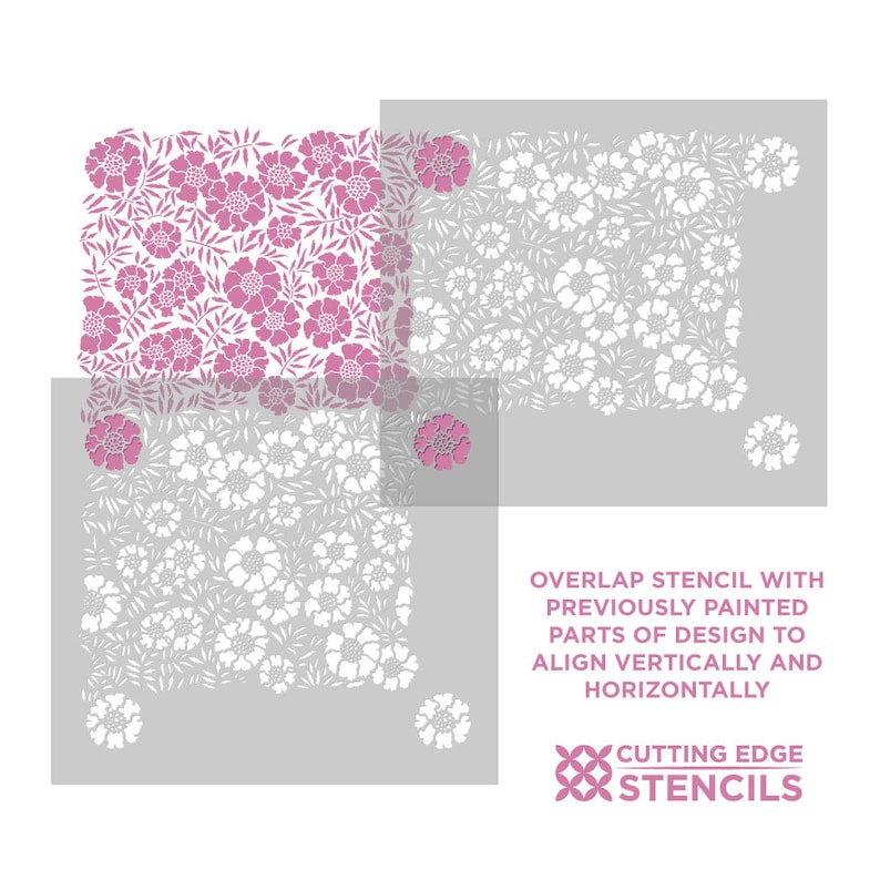 May include: Two stencil sheets with a floral pattern. The stencils are designed to be layered on top of each other to create a larger design. The text on the stencil sheet reads "Overlap stencil with previously painted parts of design to align vertically and horizontally. Cutting Edge Stencils."