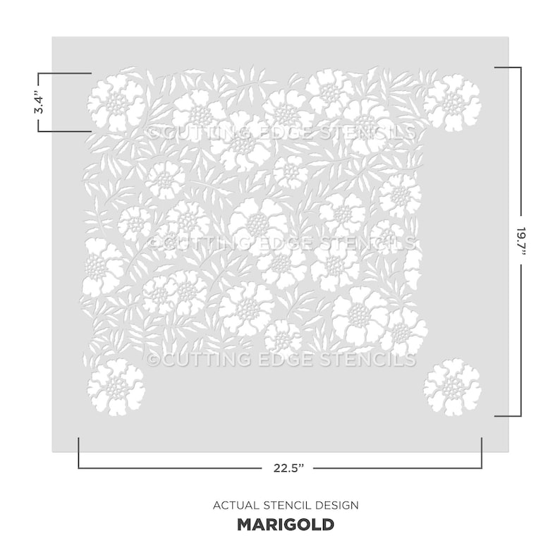 May include: A stencil design of marigolds, featuring a repeating pattern of white flowers and leaves on a gray background. The stencil measures 22.5 inches by 19.7 inches.