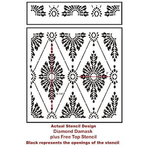 May include: Black and white stencil design for a diamond damask pattern. The stencil is 16 1/4 inches wide and 8 inches tall. The stencil is made of durable plastic and is reusable.