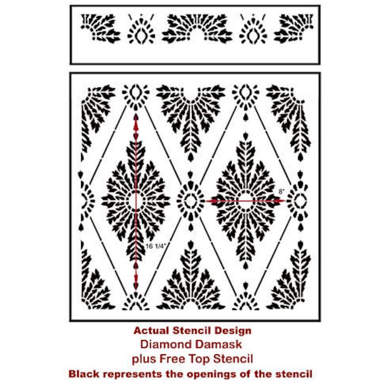 May include: Black and white stencil design for a diamond damask pattern. The stencil is 16 1/4 inches wide and 8 inches tall. The stencil is made of durable plastic and is reusable.