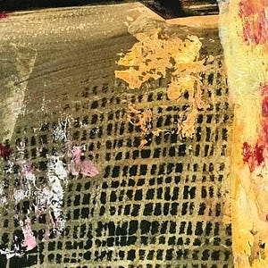 May include: Abstract painting with a textured background in shades of brown, gold, and black. The painting features a grid pattern with a variety of brushstrokes and splatters of paint.