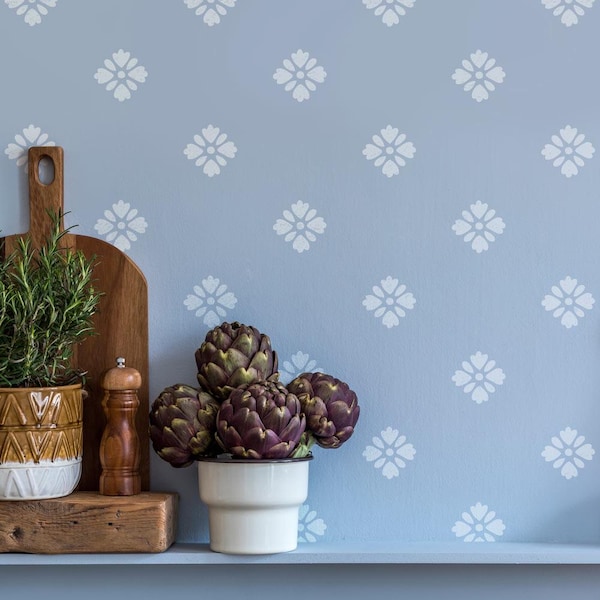 Cornflower Wall Stencil - Cottage Floral Design - Reusable - Large Wall Stencils for Painting - DIY Vintage Floral Pattern