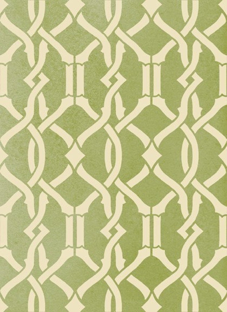 May include: A seamless pattern with a repeating design of interlocking beige lines on a green background.
