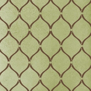 May include: A seamless pattern of brown curved lines forming a repeating pattern of teardrop shapes on a light green background.