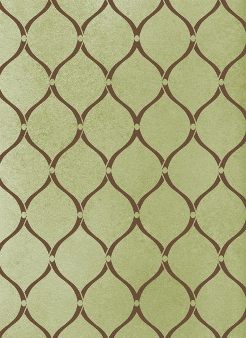 May include: A seamless pattern of brown curved lines forming a repeating pattern of teardrop shapes on a light green background.