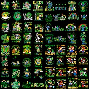 May include: A collection of St. Patrick's Day themed graphic designs on a black background. The designs feature cartoon characters, leprechauns, shamrocks, and phrases like "Lucky," "Happy St. Patrick's Day," and "Kiss me I'm Irish."