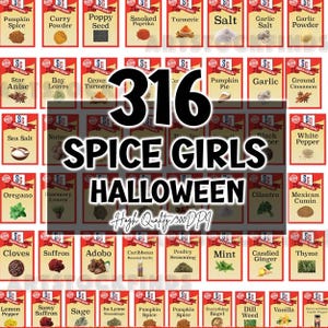 May include: A collection of spice labels with a red and white design. The labels include various spices such as pumpkin spice, curry powder, and garlic salt. The text "316 SPICE GIRLS HALLOWEEN" is displayed in the center.