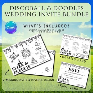 Lot d'Invitations de Mariage Gribouillis , Boule a Facettes, Ensemble d'invitation de mariage, RSVP et carte de détails avec code QR