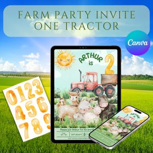 Invitation Anniversaire Ferme Tracteur Rouge Aquarelle - Canva Modifiable