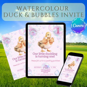 Invitation Bulles Modifiable | Thème Canard Colvert Aquarelle | Carte Téléchargeable | Modèle Anniversaire | Imprimable DIY | Fête Enfant