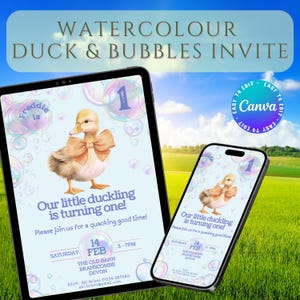 Invitation Bulles Modifiable | Thème Canard Colvert Aquarelle | Carte Téléchargeable | Modèle Anniversaire | Imprimable DIY | Fête Enfant