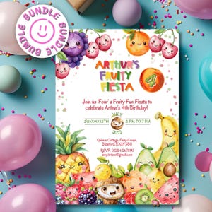 Fruity 4th Birthday Invitation: Watercolor Fruits Party, Editable Canva Template (Digital Download)