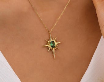 14K Gold North Star Emerald Pendant Necklace, 10K Handmade Celestial Jewelry