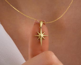 14K Solid Gold North Star Pendant Necklace, 10K Dainty Celestial Jewelry