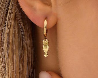14K Gold Owl Earrings, Dainty initial Animal Earrings, 14K Solid Gold Owl Earrings, Handmade Yellow Gold Owl Earrings, Birthday Gift