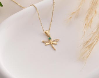 14K Solid Gold Animal Necklace, Minimalist Dragonfly Charm Jewelry, Handmade Flying Bird Pendant, Christmas Gift