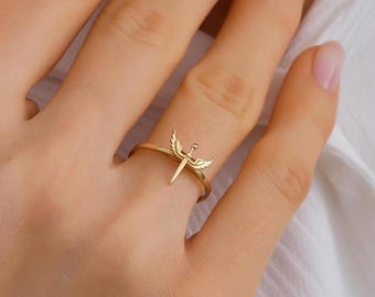 Dainty 14K Solid Gold Angel Ring, 10K Cherub Jewelry