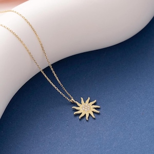 14K Gold Sun Necklace, Dainty initial Celestial Pendant, 14K Solid Gold Sun Necklace, Sunshine Pendant, Handmade Sun Pendant, Summer Jewelry
