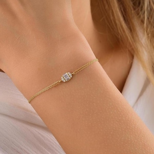 Baguette Bracelet, Dainty initial Baguette Bracelet, 14K Solid Gold Anniversary Bracelet, Minimalist Baguette Bracelet, Birthday Gift
