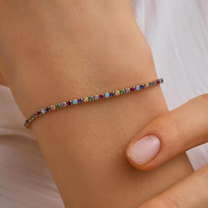 14K Solid Gold Rainbow Tennis Bracelet, Dainty Colored Stone Bracelet, Birthday Gift
