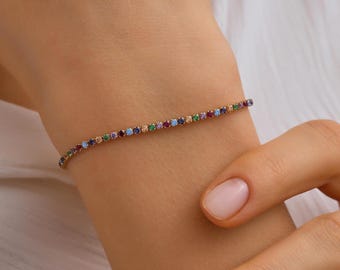14K Solid Gold Rainbow Tennis Bracelet, Dainty Colored Stone Bracelet, Birthday Gift
