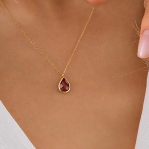 14K Solid Gold Ruby Teardrop Pendant Necklace, Dainty Minimalist Jewelry