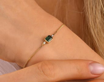 14K Gold Emerald Baguette Bracelet, Dainty Sparkly Jewelry, Birthday Gift