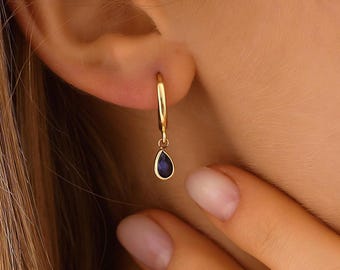 Tiny Sapphire Earrings, Dainty initial Drop Earrings, 14K Real Gold Sapphire Earrings, Minimalist Oval Sapphire Earrings, Summer Jewelry