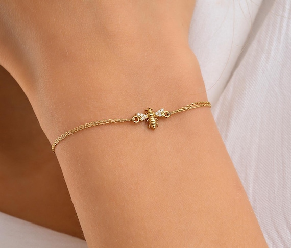 Tiny Gold Bee Bracelet, 14K Solid Gold Animal Bracelet, Dainty
