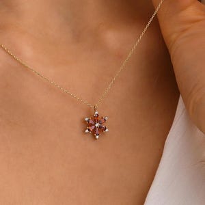 14K Solid Gold Ruby Flower Pendant Necklace, 10K Dainty Initial Jewelry