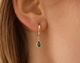 14K Gold Emerald Earrings, Dainty Custom Oval Earrings, 14K Solid Gold Anniversary Earrings, Minimalist Emerald Earrings, Summer Jewelry