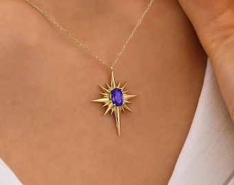 14K Solid Gold Sapphire Star Necklace, 10K Handmade Celestial Pendant