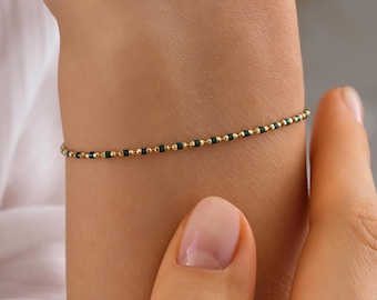 14K Solid Gold Beaded Emerald Bracelet, Handmade Minimalist Chain, Birthday Gift