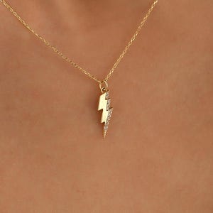 Lightning Bolt Necklace, 14K Solid Gold Celestial Necklace, Handmade Thunder Bolt Pendant, Gold Sparkly Lightning Necklace, Christmas Gift