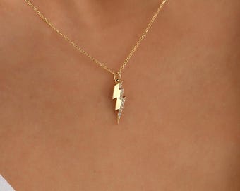 14K Solid Gold Lightning Bolt Necklace, 10K Handmade Celestial Pendant