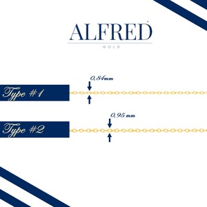 May include: Two types of gold chains with measurements in millimeters. Type #1 is 0.84 mm thick and Type #2 is 0.95 mm thick.