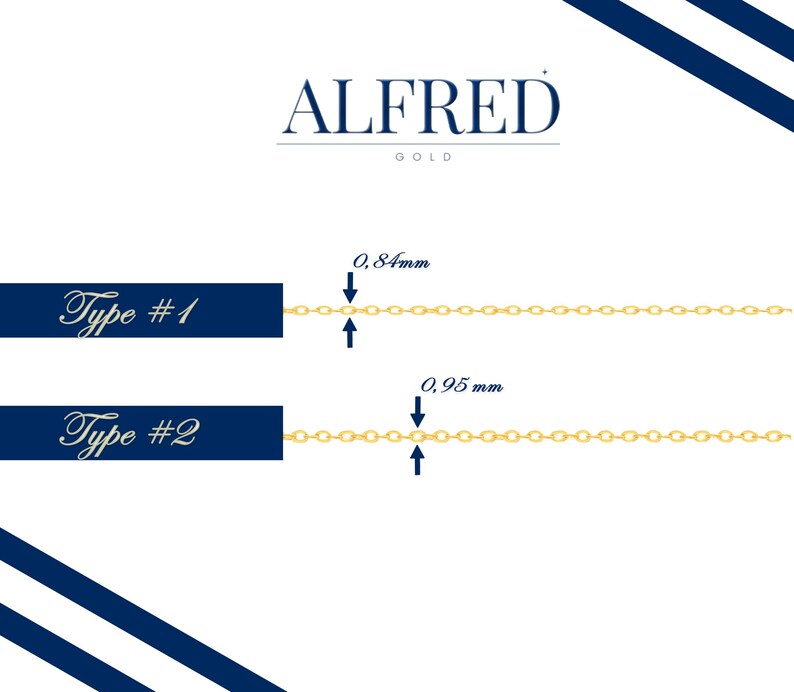 May include: Two types of gold chains with measurements in millimeters. Type #1 is 0.84 mm thick and Type #2 is 0.95 mm thick.