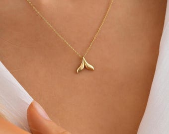 10K 14K Solid Gold Whale Tail Necklace, Dainty Ocean Pendant