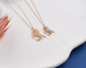 14K Gold Horse Necklace, Dainty initial Animal Pendant, 14K Solid Gold Horse Necklace, 14K Gold Prancing Horse Pendant, Summer Jewelry