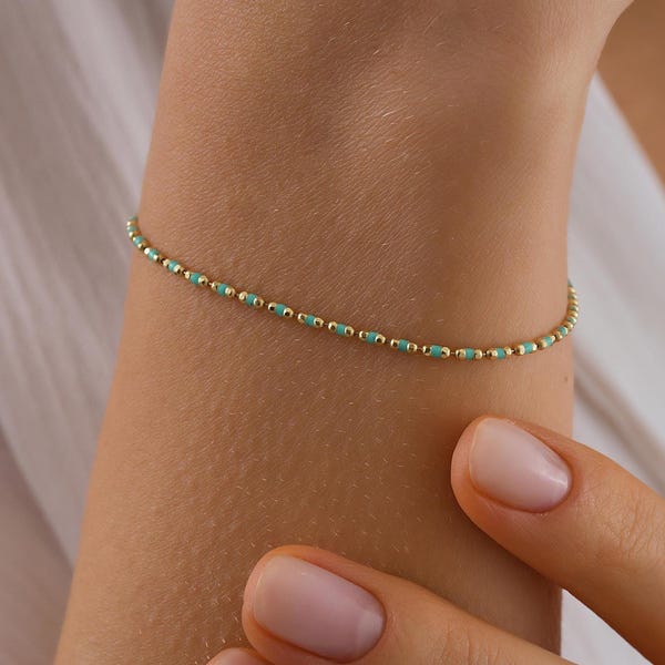 14K Solid Gold Turquoise Beaded Bracelet, Minimalist Emaye Chain Jewelry, Birthday Gift