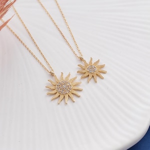 14K Gold Sun Necklace, Dainty initial Sunshine Pendant, 14K Solid Gold Sun Necklace, Minimalist Yellow Gold Celestial Pendant, Birthday Gift