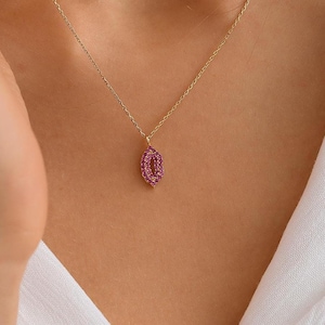 14K Solid Gold Ruby Lip Necklace, 10K Handmade Kiss Pendant